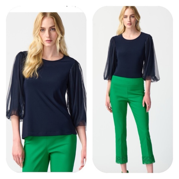 Joseph Ribkoff Midnight Blue Mesh Sleeves Top - Picture 1 of 11